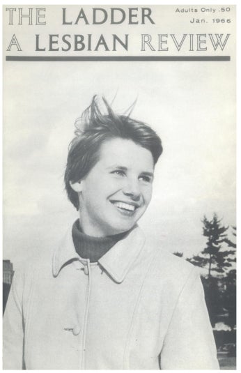 A head and shoulders portrait of a woman on the cover of a magazine, The Ladder