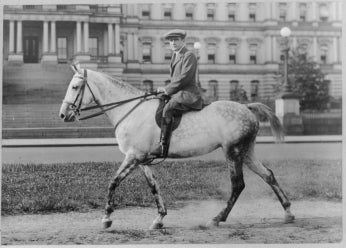 Black and white picture of Dr. Cary Grayson on horseback in 1920. Wikimedia Commons.