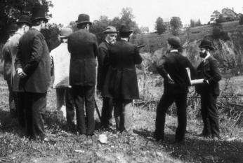 The planners of the National Zoological Park surveying the site, including the landscape architect Frederick Law Olmsted (third from left in the light suit) and William Hornaday (third from right) the zoo's first director, c.1890.