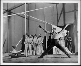 Erick Hawkins in the first production of Appalachian Spring. In the background, left to right: the four Followers, Martha Graham, May O'Donnell, 1944 <a href=