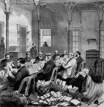 The Washington Dead Letter Office in the 1860s, from a Harper's Weekly engraving by Theodore R. Davis. Credit: Wikimedia Commons