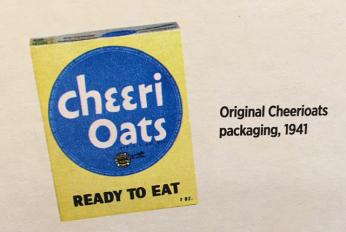Early 1940s packaging for Cheeri Oats cereal, the precursor name of Cheerios. lof a yellow box with a blue circle in the middle that says Cheeri Oats. Early 1940s packaging for Cheeri Oats cereal, the precursor name of Cheerios. lof a yellow box with a blue circle in the middle that says Cheeri Oats.