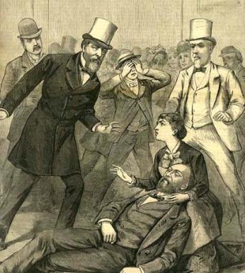 A contemporary engraving of the Garfield assassination (Source: Wikimedia Commons)
