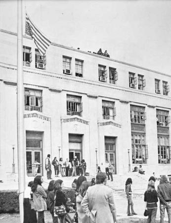 Exterior of BIA with protesters in front