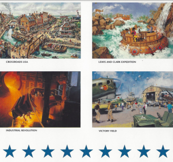 Image of four painted panels of concept art for Disney’s America theme park. Top left square depicts “Crossroads USA”, a coastal town with a river and wooden drawbridge. To the right is an image of the “Lewis and Clark Expedition” water ride. The bottom right square is a painting of “Victory Field” equipped with green planes and jeeps from World War II. The final image on the bottom right is the “Industrial Revolution” rollercoaster depicting riders upside down as the coaster dodges a vat of molten steel.