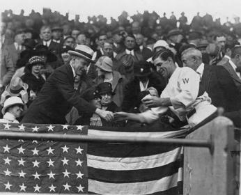 Washington Senators player-manager Bucky Harris presents a ball to Presisdent Calvin Coolidge at the 1924 World Series. Up until now, photos like this and newspaper accounts were really the only sources baseball fans could rely upon to recapture the spirit of Washington's championship. (Photo source: Library of Congress.)