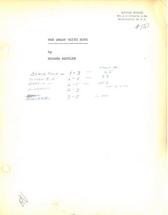 Marked up cover of a script from 1967 production at Arena, (Credit: Arena Stage Records, C0017, Special Collections Research Center, George Mason University Libraries.) Marked up cover of a script from 1967 production at Arena, (Credit: Arena Stage Records, C0017, Special Collections Research Center, George Mason University Libraries.)