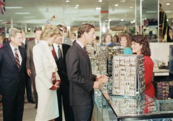 Prince Charles stops to chat with a sales clerk at a costume jewelry display in the Springfield, Va., J.C. Penny store on Nov. 11, 1985. Princess Diana looks at the jewelry. (AP Photo) Prince Charles stops to chat with a sales clerk at a costume jewelry display in the Springfield, Va., J.C. Penny store on Nov. 11, 1985. Princess Diana looks at the jewelry. (AP Photo)