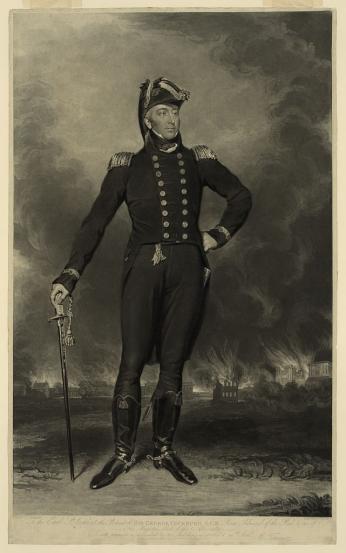 Portrait of Admiral Cockburn standing in front of a burning Washington