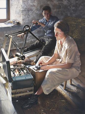A painting of Virginia Hall in 1944 France. She is operating a rudimentary radio, powered by another member of the resistance on a modified bicycle. The painting hangs at the CIA. A painting of Virginia Hall in 1944 France. She is operating a rudimentary radio, powered by another member of the resistance on a modified bicycle. The painting hangs at the CIA.