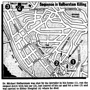 Evening Star illustration of Palisades neighborhood in Northwest Washington showing the sequence of events that led to Dr. Michael Halberstam's death and Bernard Welch's capture on December 5, 1980. (Reprinted with permission of the DC Public Library, Star Collection, © Washington Post.)