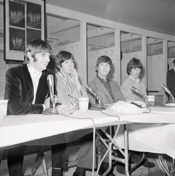 The Beatles hold a press conference in the Washington Senators' locker room at D.C. Stadium, August 15 1966. (Source: Bettmann/Getty Images)