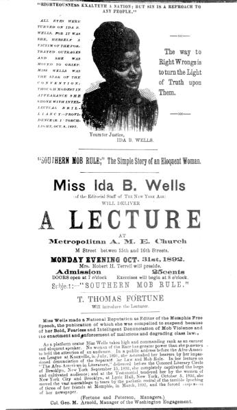 Washington Bee advertisement for Ida Wells-Barnett's anti-lynching speech at Metropolitan A.M.E. Church.