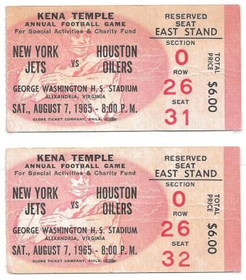 Jets-Oilers ticket stubs Ticket stubs from August 7, 1965 game between the New York Jets and Houston Oilers at George Washington High School. (Source: Doug Garthoff)
