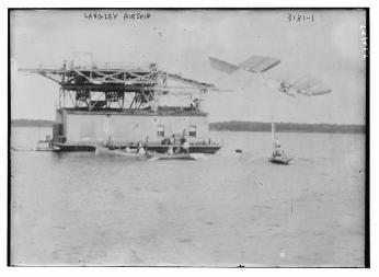 Samuel Langley's Aerodrome takes off over the Potomac River, October 7, 1903. It would promptly crash. (Source: Library of Congress)