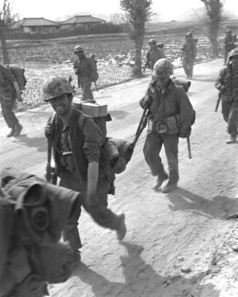 Marines of the Third Battalion, Fifth Marine Regiment, march from Hongchon to Chunchon.