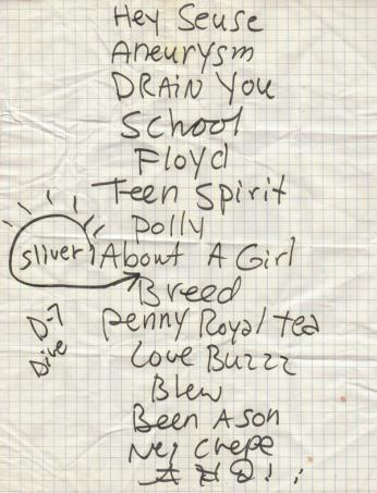 The set list for Nirvana's October 2, 1991 show at the 9:30 Club in Washington, D.C., handwritten by Kurt Cobain was recently sold at auction. (Source: Recordmecca.com)