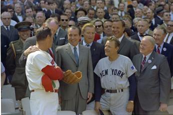 Ted Williams chats with President Nixon and New York Yankees manager Ralph Hauk on Opening Day, April 7, 1969. (Source: Richard Nixon Presidential Library via Wikimedia Commons) Ted Williams chats with President Nixon and New York Yankees manager Ralph Hauk on Opening Day, April 6, 1969. (Source: Richard Nixon Presidential Library via Wikimedia Commons)