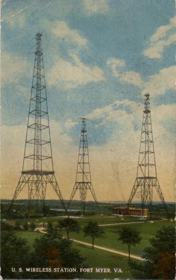 A 1916 postcard of the Arlington Radio Towers, labeled "U.S. Wireless Station, Fort Myer, VA." 