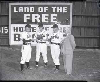 Three members of the all-white Hagerstown Braves at Municipal Stadium, 1952. (Credit: Washington County Free Library/Western Maryland Room) Three members of the all-white Hagerstown Braves at Municipal Stadium, 1952. (Credit: Washington County Free Library/Western Maryland Room)