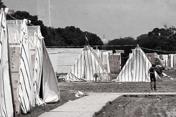 Resurrection City spent six muddy weeks on the National Mall, within view of landmarks such as the Capitol. (Photo source: Wikipedia Commons)