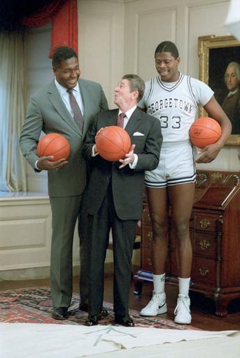 Georgetown University basketball coach John Thompson, Jr., shown here with President Reagan and Patrick Ewing, requested a meeting with Edmond after learning that he had befriended some Georgetown players.