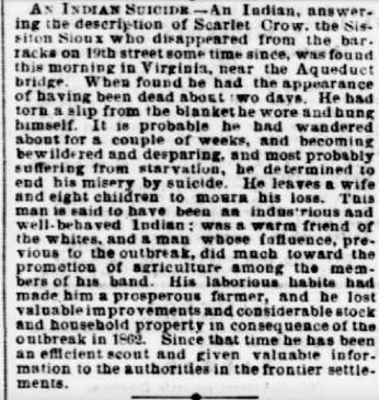 Evening Star newspaper clipping from March 12, 1867 reporting Scarlet Crow's death a suicide