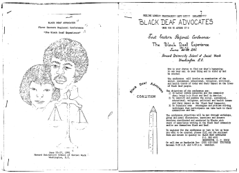 A black-and-white illustrated and printed flyer. On the first page is an image of a Black man and woman with afros behind the scales of justice. The text reads "Black Deaf Advocates First Eastern Regional Conference 'The Black Deaf Experience' June 25-27, 1981 Howard. University School of Social Work Washington DC." On the second page is an image of the Washington Monument. The text reads "FEELING LONELY? FRUSTRATED?? LEFT OUT??? ISOLATED???? with the conference objectives written below.