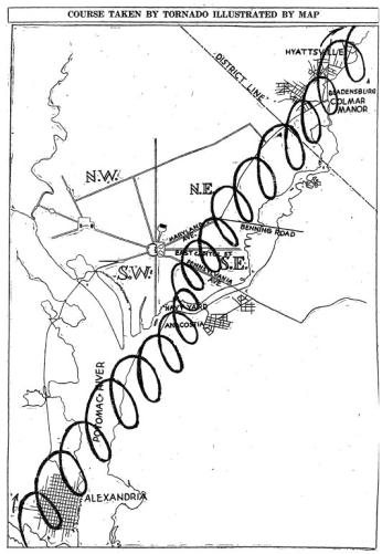 Route of tornado, November 17, 1927. (Source: Washington Post) Route of tornado, November 17, 1927. (Source: Washington Post)