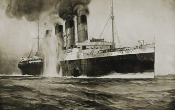 When the RMS Lusitania was hit by a German torpedo on May 7, 1915, it took less than 20 minutes for the luxurious ocean liner to sink. (Source: Wikimedia Commons)