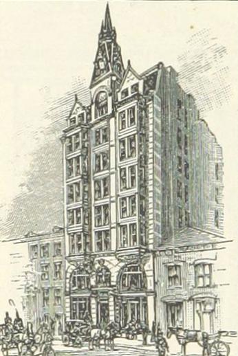 Engraving of the Baltimore Sun Building. (Source: page 166 of King's Hand-book of the United States planned and edited by M. King. Text by M. F. Sweetser, Moses Forster. Original held and digitized by the British Library., via Wikipedia)