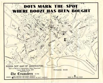 A map marking locations in Washington, D.C. where alcohol had been found during liquor raids in 1931. 