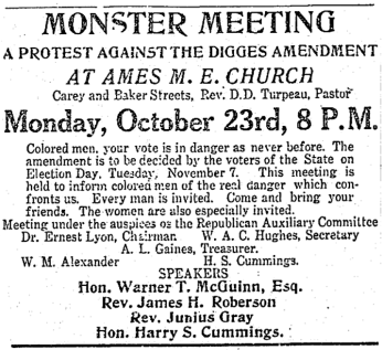 Ad from the Baltimore Afro American announcing a rally against the Digges Amendment