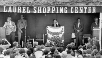 Gov. George Wallace addresses the crowd at his May 15, 1972 campaign stop in Laurel, Maryland. Moments after this photo was taken he was shot by Arthur Bremer. (Photo by Mabel Hobart)