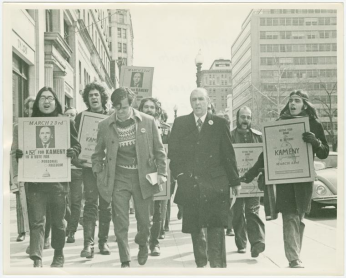 Frank Kameny marches with campaign volunteers