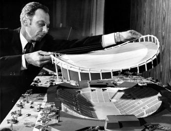Abe Pollin with a model of the Capital Centre, the Capitals’ first home.