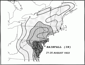 Rainfall map for the Chesapeake-Potomac Hurricane of 1933, created by Paul Kocin. (Source: NOAA)