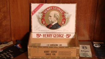 His face was also commonly printed on things like cigar boxes. (Image source: hgarchives.org) Henry Georges face was also commonly printed on things like cigar boxes. (Image source: hgarchives.org)