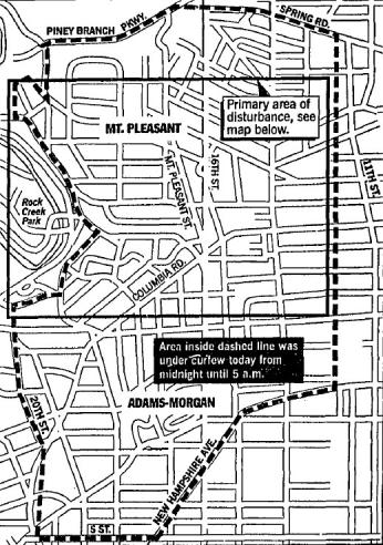 Map showing curfew area implemented by Mayor Dixon and the Metropolitan Police Department during riots. (Source: Washington Post, May 7, 1991)