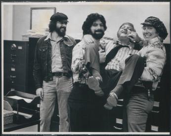 "Tony Bonzano" and "Bohanna Lafontaine" roughhouse with Lt. Robert Arscott "Tony Bonzano" and "Bohanna Lafontaine" roughhouse with Lt. Robert Arscott
