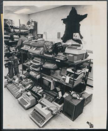 Goods purchased during Operation Sting, including typewriters and a bearskin rug