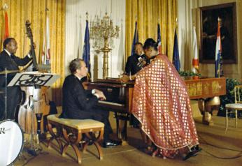 Richard Nixon playing the Second White House Steinway in the East Room in 1974 (Photo Source: The White House Museum, NARA) http://www.whitehousemuseum.org/furnishings/piano.htm