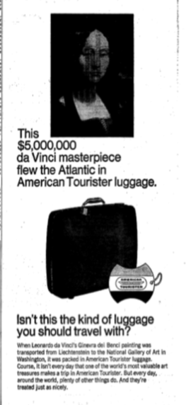 Newspaper advertisement for American Tourister featuring Ginevra de' Benci