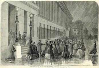 February 18, 1865 Harpers Weekly print of female clerks leaving the Treasury Department. Female clerks leaving the Treasury Department