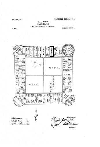 Illustration from Magie’s patent. Many of the features of Monopoly can be clearly seen in her game, including Jail, Railroads, and the Luxury Tax. (Image source: U.S. Patent Office.)