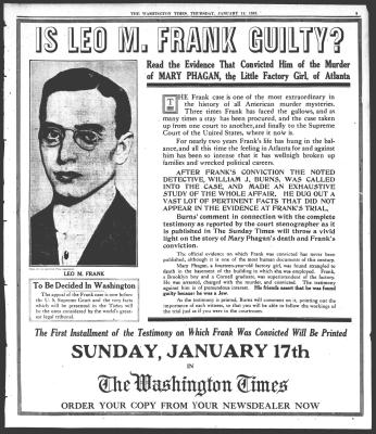 January 14, 1915 Washington Times ad about Leo Frank.