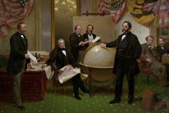 "Signing of the Alaska Treaty," a famous painting by Emanuel Leutze, depicts Seward and Stoeckl negotiating the Alaska purchase in the State Department on March 30, 1867.