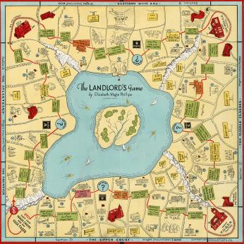 The Landlord’s Game, as released by Parker Bros. in 1939. The game still operated with the same four-cornered continuous track as Magie’s original, but the irregularly-shaped lake at the center and the off-center spaces made its similarities to Monopoly less obvious at a glance. (Image source: thelandlordsgame.info)