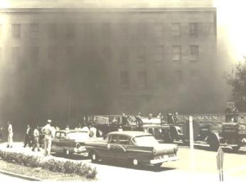 Smoke rises from the Pentagon on July 2, 1959. (Photo source: Arlington Fire Journal blog)