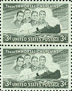 USPS stamps honoring the Four Chaplains. (Courtesy: JHSGW Collections. Gift of Theresa G. Kaplan.)